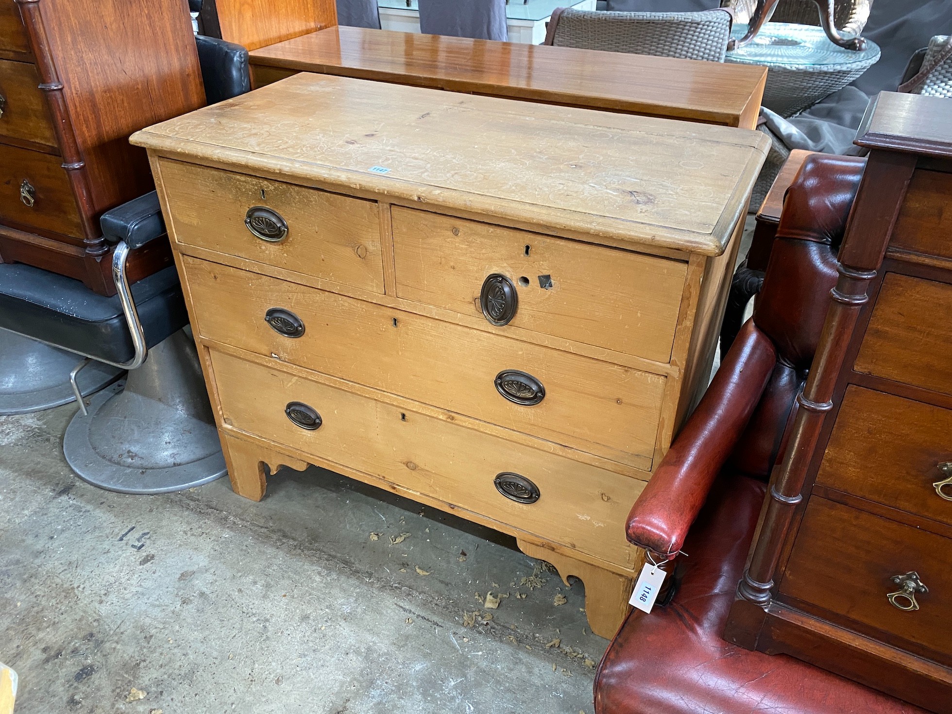 An early 19th century pine four drawer chest, width 106cm, depth 51cm, height 91cm *Please note the sale commences at 9am.